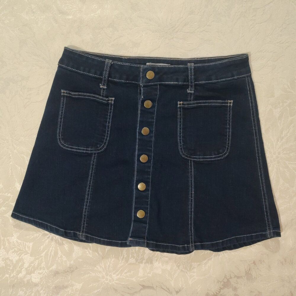 Altar'd State Denim Jean Skirt Mini High Waist Front Gold Snap Closure Darkwash